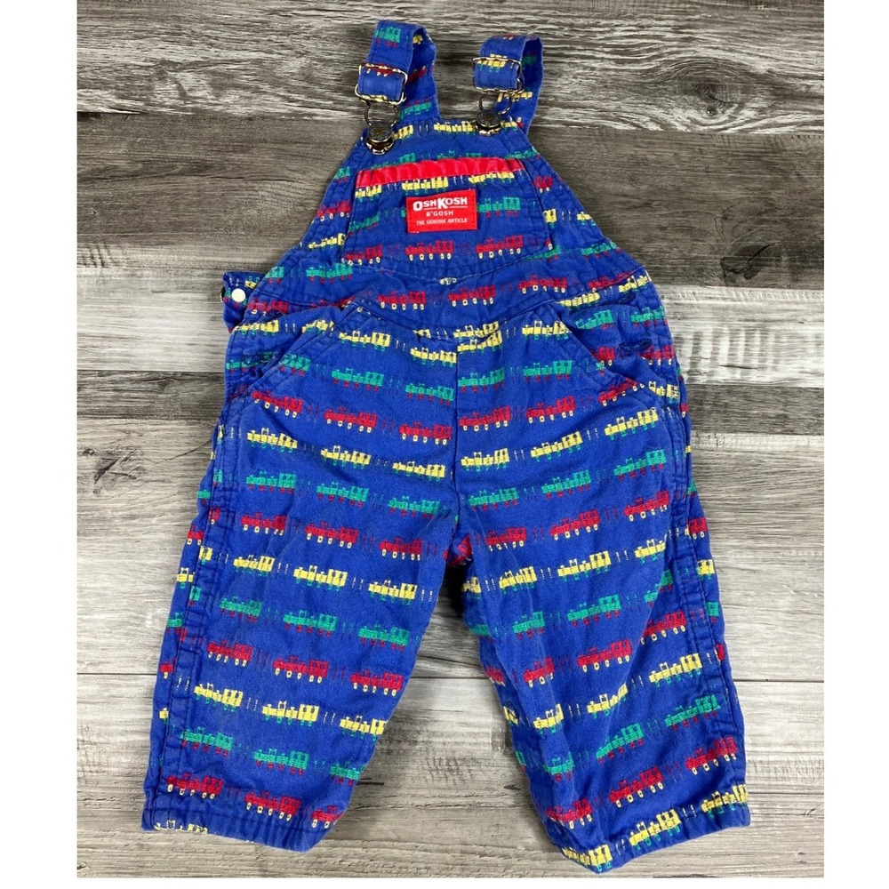 Vintage OshKosh Bgosh Vestbak Overalls Blue Corduroy Train Print 3/6 Months USA